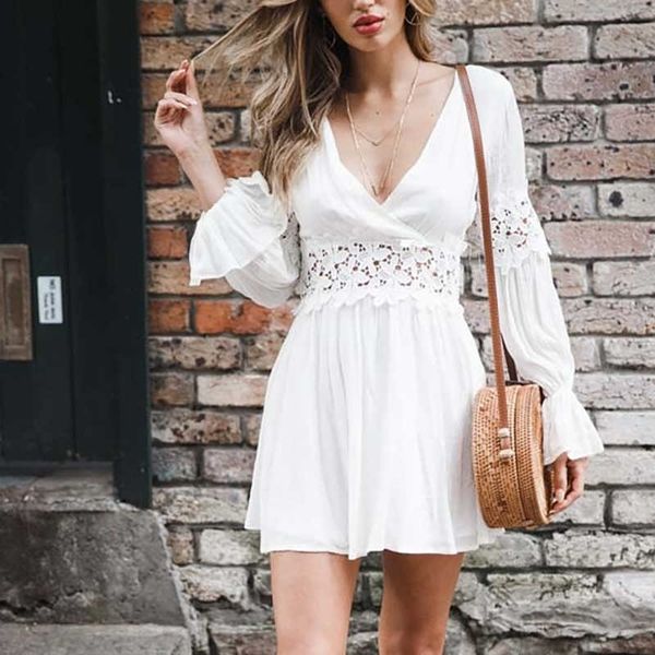 elegant spring autumn women dress v-neck flare sleeve lace patchwork hollow out ol female mini dresses w525 210526, Black;gray
elegant spring autumn women dress v-neck flare sleeve lace patchwork hollow out ol female mini dresses w525 210526, Black;gray