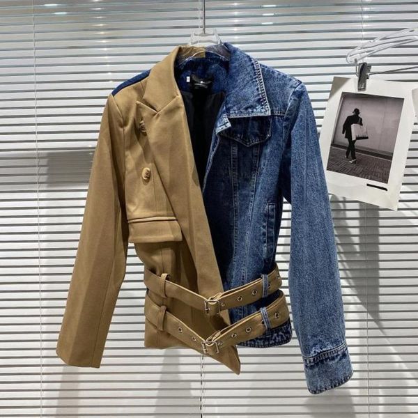 women's jackets prepomp 2021 fall long sleeve turn down collar padded shoulder blue denim patchwork khaki slim jacket women double belt, Black;brown
women's jackets prepomp 2021 fall long sleeve turn down collar padded shoulder blue denim patchwork khaki slim jacket women double belt, Black;brown