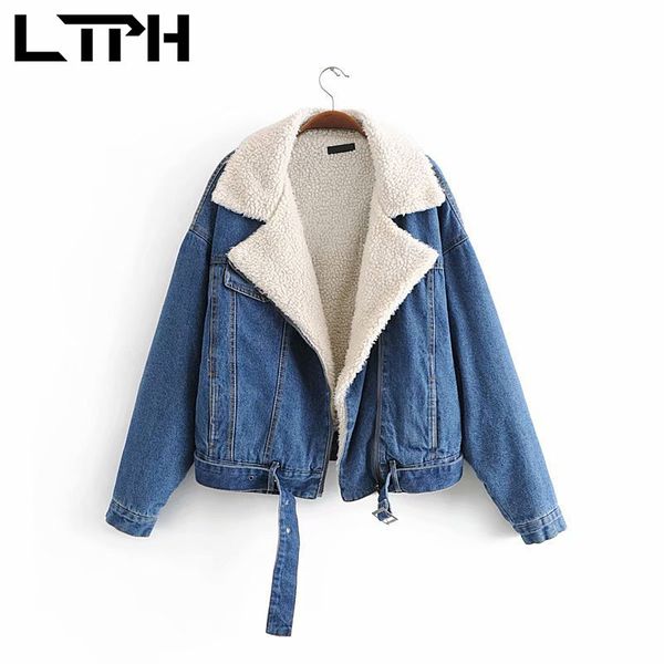 street casual long sleeve lapel denim jacket coat women simple design lambswool thicken warm outerwear winter 210427, Black;brown 
street casual long sleeve lapel denim jacket coat women simple design lambswool thicken warm outerwear winter 210427, Black;brown