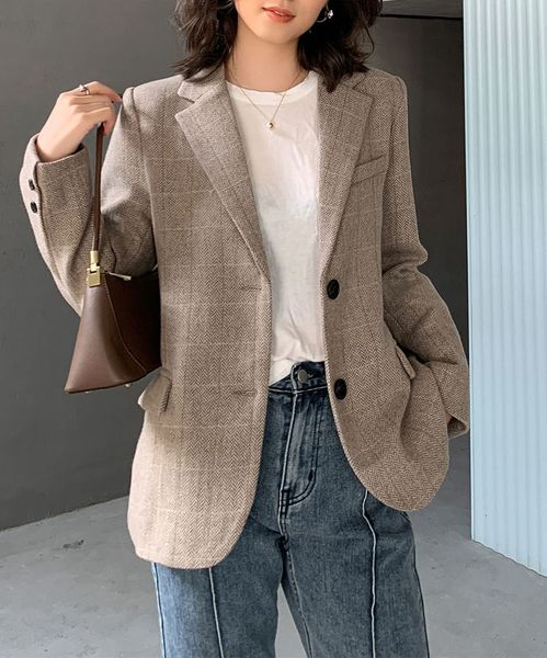 women's autumn gray quilted plaid wool vintage blazers lady of the engraved jacket, White;black
women's autumn gray quilted plaid wool vintage blazers lady of the engraved jacket, White;black