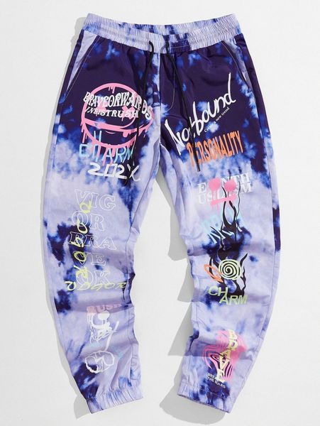 men drawstring waist letter & tie dye graphic pants f34y#, Black