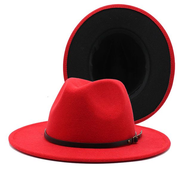 berets black red patchwork wool felt jazz fedora hats belt buckle decor women wide brim panama party trilby cowboy cap 56-6, Blue;gray