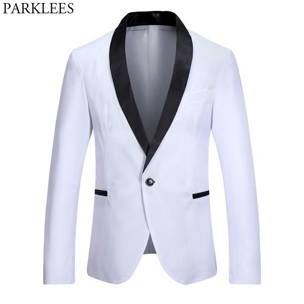 men's one button shawl collar white tuxedo blazer brand slim fit patchwork blazer jacket male party wedding groomsman suit 210522, White;black
men's one button shawl collar white tuxedo blazer brand slim fit patchwork blazer jacket male party wedding groomsman suit 210522, White;black
