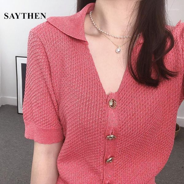 women's t-shirt 2021 spring and summer v-neck single-breasted thin short-sleeved knitted sweater short pullover trend, White
women's t-shirt 2021 spring and summer v-neck single-breasted thin short-sleeved knitted sweater short pullover trend, White