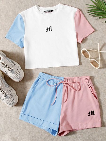 colorblock sleeve graphic print & rolled hem shorts set w7yt#, White
colorblock sleeve graphic print & rolled hem shorts set w7yt#, White