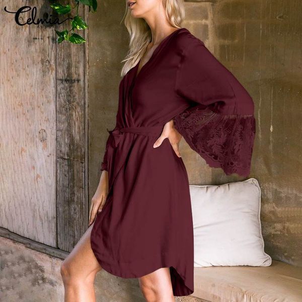 sleepwears celmia casual loose nightgown women summer elegant lace flare sleeve lounge dress belted nightdress v neck homewear robe, Black;red
sleepwears celmia casual loose nightgown women summer elegant lace flare sleeve lounge dress belted nightdress v neck homewear robe, Black;red