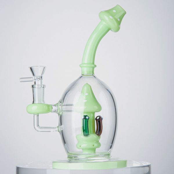 Image of Unique Mushroom Water Bong Heady Glass Bongs Hookahs Rig Ball Style Showerhead Perc Percolator 5mm Thick Green Blue Hookah Oil Rigs Wax Dab 14mm Joint Pipes