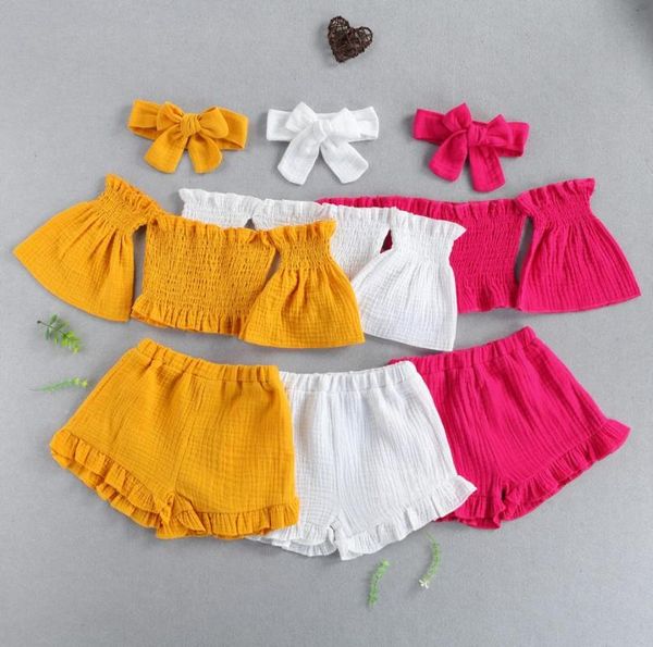 3pcs girls solid color outfits baby off shoulder flare sleeves ruffle shorts bowknot headband clothing sets, White
3pcs girls solid color outfits baby off shoulder flare sleeves ruffle shorts bowknot headband clothing sets, White