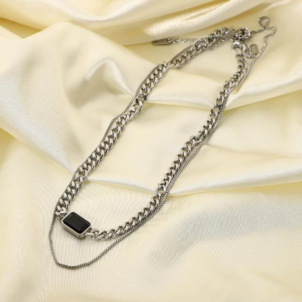 pendant necklaces stainless steel double cuban chain box rectangle black zircon necklace for women splittable choker jewelry, Silver
pendant necklaces stainless steel double cuban chain box rectangle black zircon necklace for women splittable choker jewelry, Silver