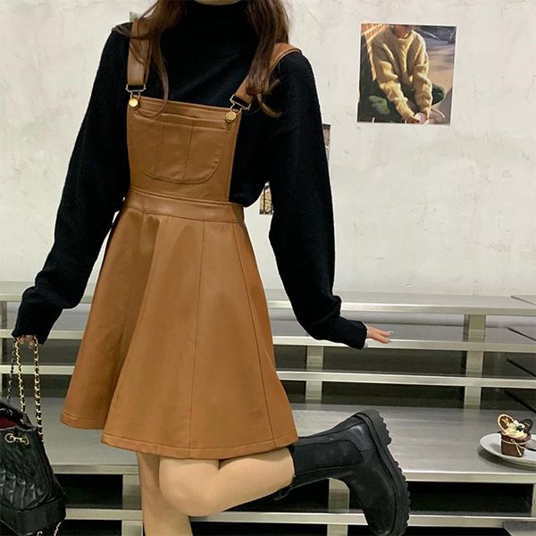 strap leather dress women winter sleeve tank fashion vintage a-line thin streetwear casual dresses, Black;gray
strap leather dress women winter sleeve tank fashion vintage a-line thin streetwear casual dresses, Black;gray