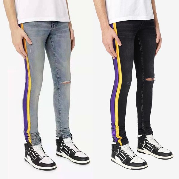 men's jeans american streetwear fashion men elastic cotton slim fit ripped stripe printed designer hip hop denim punk pants, Blue
men's jeans american streetwear fashion men elastic cotton slim fit ripped stripe printed designer hip hop denim punk pants, Blue