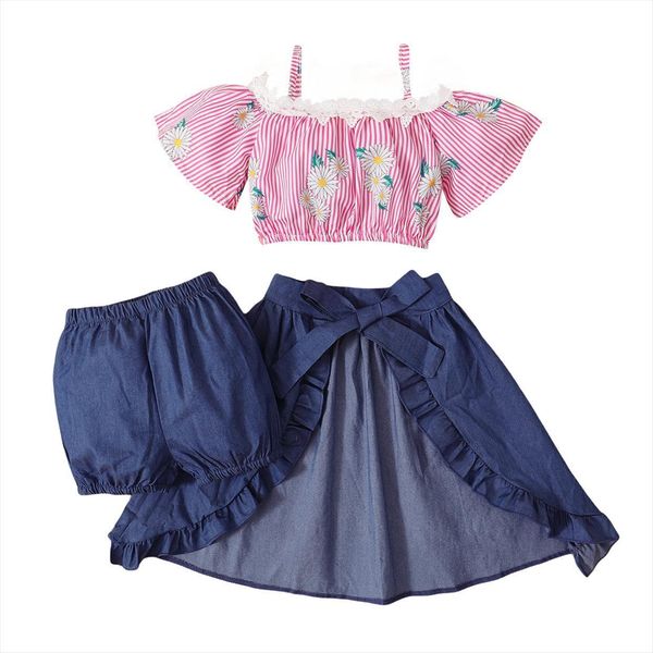 2 7y summer kids girls boho clothes sets off shoulder lace floral printed denim shorts skirts, White
2 7y summer kids girls boho clothes sets off shoulder lace floral printed denim shorts skirts, White