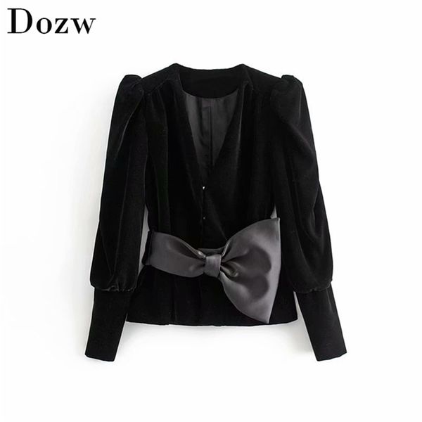 women velvet jacket elegant lady deep v neck big bow sashes long puff sleeve coat winter chic female outwear office suit 210515, Black;brown
women velvet jacket elegant lady deep v neck big bow sashes long puff sleeve coat winter chic female outwear office suit 210515, Black;brown