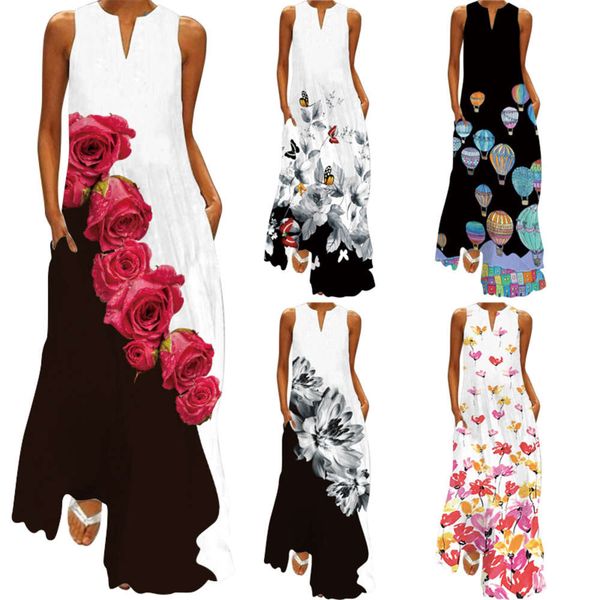 summer women's print long skirt sleeveless casual large dress, Black;gray