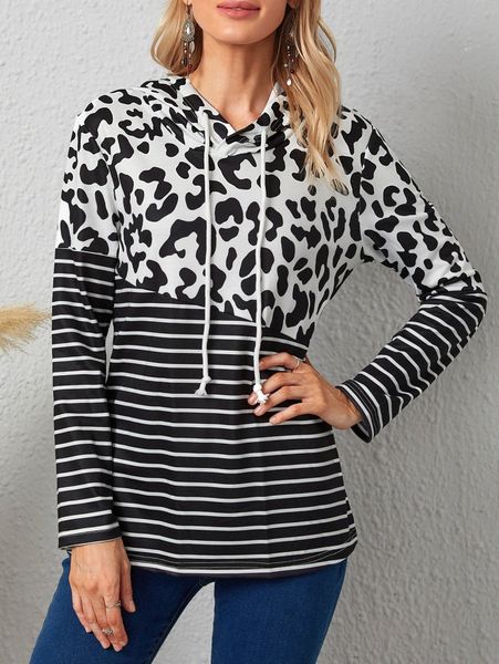 emery rose striped & leopard print drawstring hoodie y9cc#, White;black