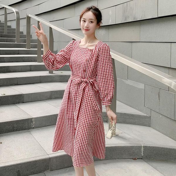spring fashion maternity long sleeve plaid dress with belt square collar pregnant woman a-line buttons empire dresses, White
spring fashion maternity long sleeve plaid dress with belt square collar pregnant woman a-line buttons empire dresses, White