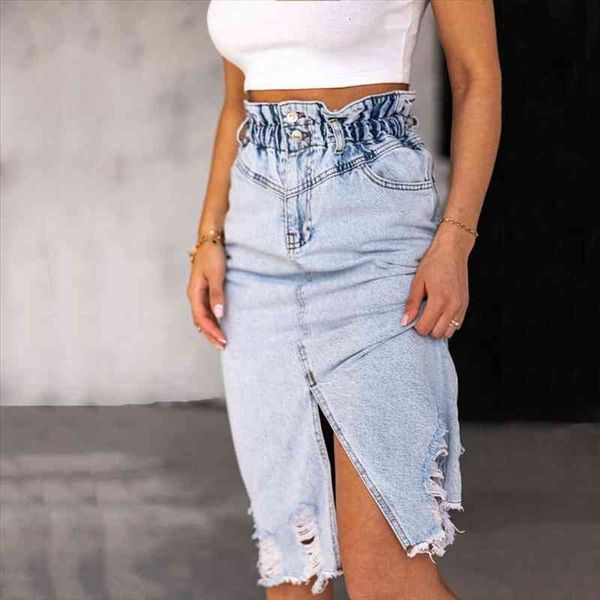 midi fashio ripped button womens skirt elastic split light colored washed denim high waist buttock half length, Black
midi fashio ripped button womens skirt elastic split light colored washed denim high waist buttock half length, Black