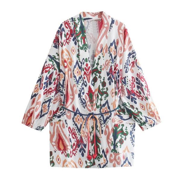 women's blouses & shirts women 2022 fashion with belt print kimono vintage three quarter sleeve pockets female streetwear, White
women's blouses & shirts women 2022 fashion with belt print kimono vintage three quarter sleeve pockets female streetwear, White