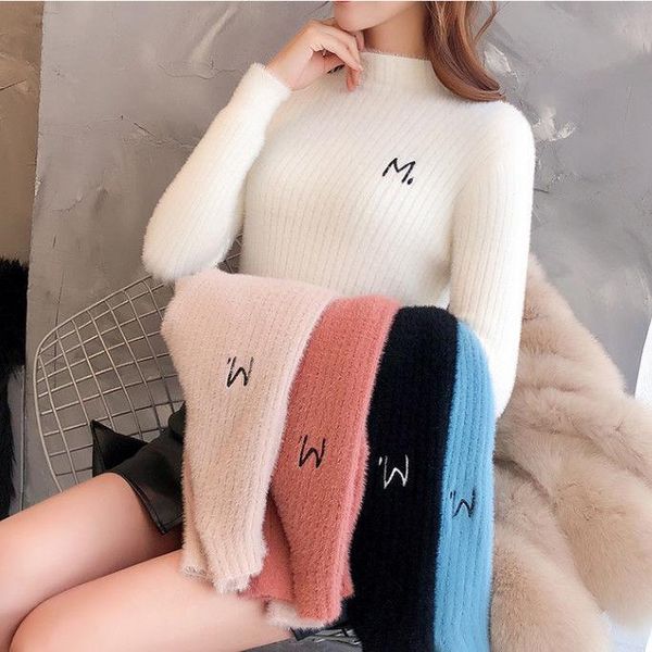 women's sweaters autumn knit sweater women half-high collar imitation mink velvet letters korean style slim slimming all-match, White;black
women's sweaters autumn knit sweater women half-high collar imitation mink velvet letters korean style slim slimming all-match, White;black