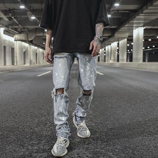 men's jeans icclek high street distressed ink-sprayed ripped zipper slim for men, Blue
men's jeans icclek high street distressed ink-sprayed ripped zipper slim for men, Blue