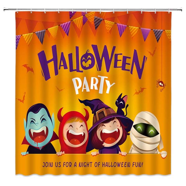 halloween party shower curtain of kids cartoon vampire witch zombie monster join us for a night of halloweeen fun orange fabric
halloween party shower curtain of kids cartoon vampire witch zombie monster join us for a night of halloweeen fun orange fabric