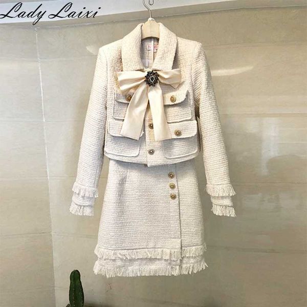 

runway tweed wool skirt suit autumn winter 2 piece set women diamonds bow button short jacket coat+tassels pencil 210529, White