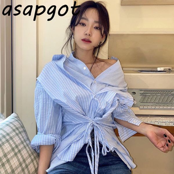 office lady blue turn down collar single breasted irregular lace up fake two piece long sleeve striped blouse blusas temperament 210429, White
office lady blue turn down collar single breasted irregular lace up fake two piece long sleeve striped blouse blusas temperament 210429, White