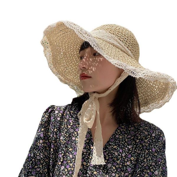 hat female straw korean style tide summer thin section breathable lace hollow small fresh windproof rope beach hats women wide brim, Blue;gray 
hat female straw korean style tide summer thin section breathable lace hollow small fresh windproof rope beach hats women wide brim, Blue;gray
