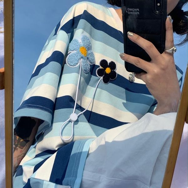 women's t-shirt ladies harajuku striped flower embroidered short sleeve oversized simple style shirt, White
women's t-shirt ladies harajuku striped flower embroidered short sleeve oversized simple style shirt, White
