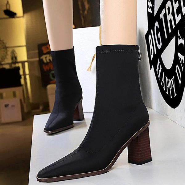 boots shoes women stretch pointed toe high-heeled silk ankle chunky block heels fashion short, Black