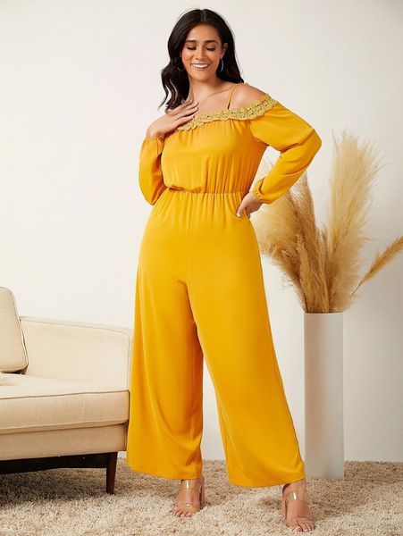 plus cold shoulder guipure lace trim lantern sleeve jumpsuit i9xl#, Black
plus cold shoulder guipure lace trim lantern sleeve jumpsuit i9xl#, Black