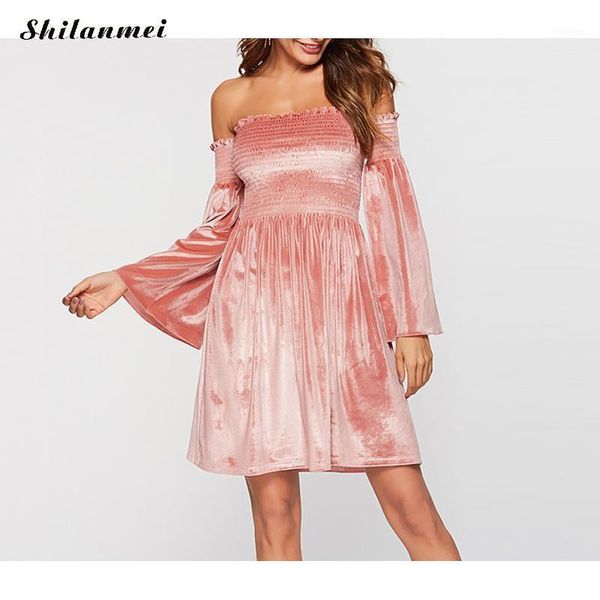 casual dresses pink velvet dress women 2021 long flare sleeve suede off shoulder ladies ruched a-line party club vestido, Black;gray 
casual dresses pink velvet dress women 2021 long flare sleeve suede off shoulder ladies ruched a-line party club vestido, Black;gray