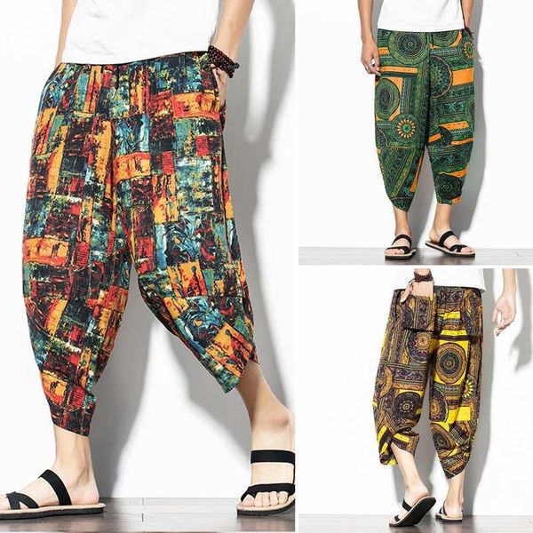 men's pants incerun men harem vintage print trousers casual cotton loose joggers calf length drawstring drop crotch bottoms plus size, Black 
men's pants incerun men harem vintage print trousers casual cotton loose joggers calf length drawstring drop crotch bottoms plus size, Black
