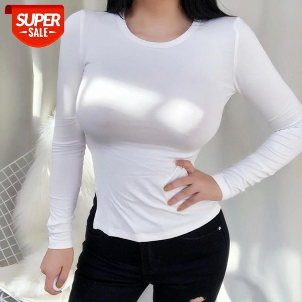 aossviao white t shirt side slit 2021 long sleeve high street cotton tshirts women summer see through woman tshirt #249q