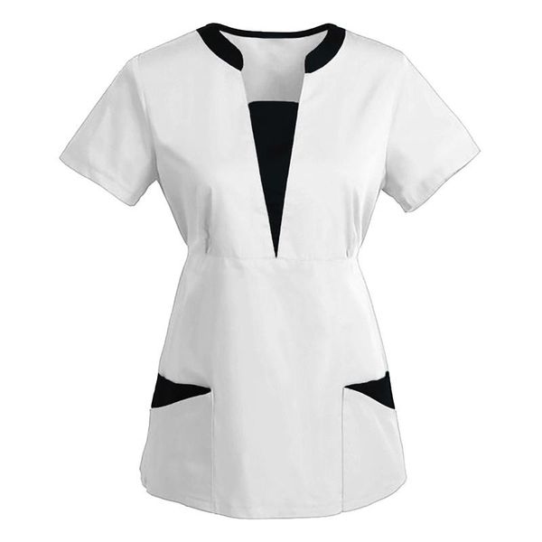women's blouses & shirts women short sleeve v-neck work uniform solid patchwork color pocket blouse, White
women's blouses & shirts women short sleeve v-neck work uniform solid patchwork color pocket blouse, White