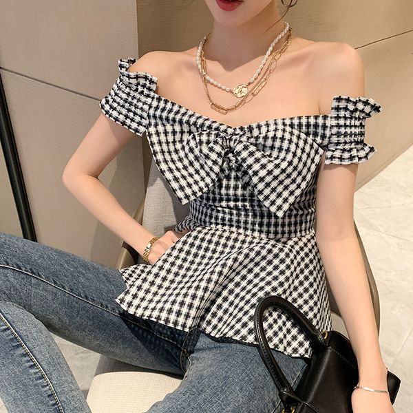 close women summer blouses plaid bowtie off shoulder womens short fashion shirt blusas roupa feminina 1dfz, White
close women summer blouses plaid bowtie off shoulder womens short fashion shirt blusas roupa feminina 1dfz, White