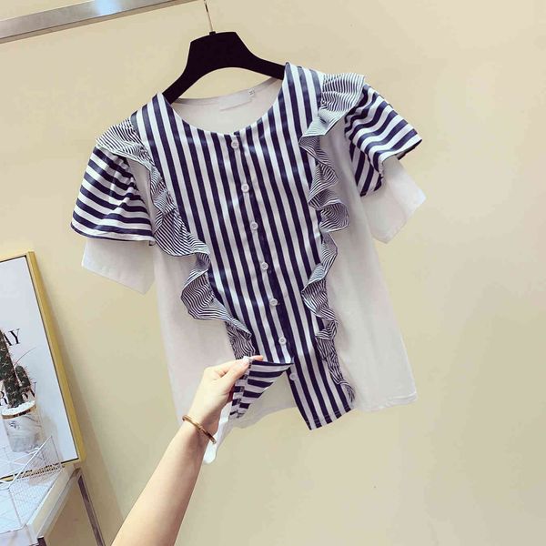 suits ladies women summer vertical striped panel shirt women's loose-fit short-sleeve ruffle blouse blusas femme, White;black
suits ladies women summer vertical striped panel shirt women's loose-fit short-sleeve ruffle blouse blusas femme, White;black