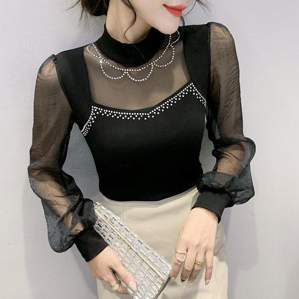 women's t-shirt drilling black t shirt women 2021 autumn long-sleeved half-high neck bottoming patchwork mesh, White
women's t-shirt drilling black t shirt women 2021 autumn long-sleeved half-high neck bottoming patchwork mesh, White