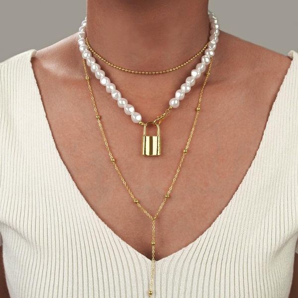 chains punki 2021 hip-hop style multi-layer irregular imitation pearl metal lock pendant necklace lady jewelry gift, Silver
chains punki 2021 hip-hop style multi-layer irregular imitation pearl metal lock pendant necklace lady jewelry gift, Silver