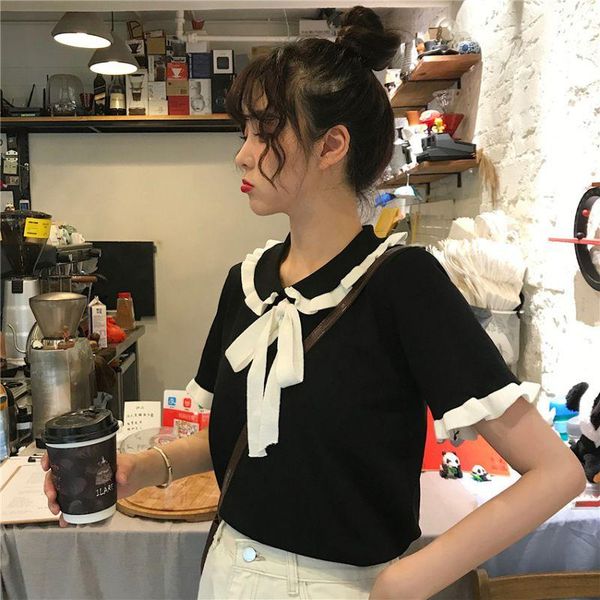 women's t-shirt 2021mori college style doll neck bow tie knitted women summer fashion concise casual cute bow-knot short sleeve t-shirt, White
women's t-shirt 2021mori college style doll neck bow tie knitted women summer fashion concise casual cute bow-knot short sleeve t-shirt, White