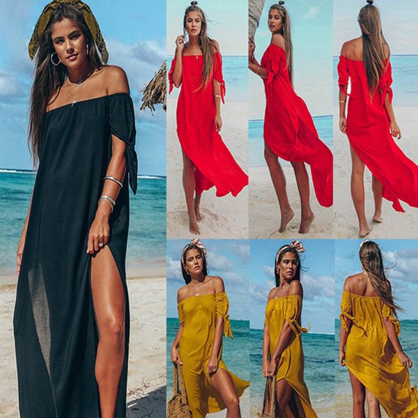 oufisun summer off shoulder slash neck women's dress new casual solid beach bow short sleeve robe split maxi dress vestidos 210423, Black;gray
oufisun summer off shoulder slash neck women's dress new casual solid beach bow short sleeve robe split maxi dress vestidos 210423, Black;gray