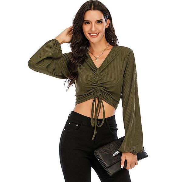 women's t-shirt ruched lace up woman tshirts autumn 2021 lantern long sleeve casual tee shirt v-neck short women crop, White
women's t-shirt ruched lace up woman tshirts autumn 2021 lantern long sleeve casual tee shirt v-neck short women crop, White