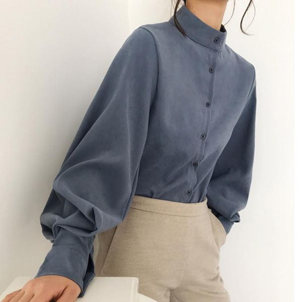 big lantern sleeve blouse women single breasted stand collar shirts office work solid vintage autumn women's blouses, White
big lantern sleeve blouse women single breasted stand collar shirts office work solid vintage autumn women's blouses, White