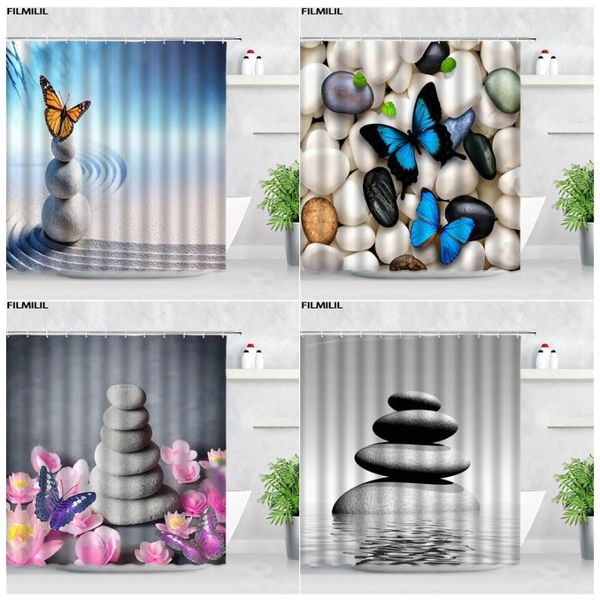 shower curtains blue butterfly zen stone sets pink flowers pebble garden scenery chic bath screens polyester home bathroom decor