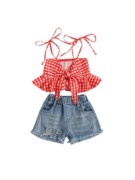 clothing sets 2pcs toddler infant girls clothes plaid printed strap sleeveless vest blue denim shorts 1-6y, White 
clothing sets 2pcs toddler infant girls clothes plaid printed strap sleeveless vest blue denim shorts 1-6y, White