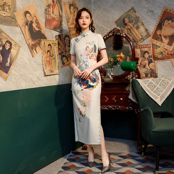 crane phoenix printed lace trim short sleeves long cheongsam female silk chinese qipao elegant traditional clothing size s-3xl, Red
crane phoenix printed lace trim short sleeves long cheongsam female silk chinese qipao elegant traditional clothing size s-3xl, Red