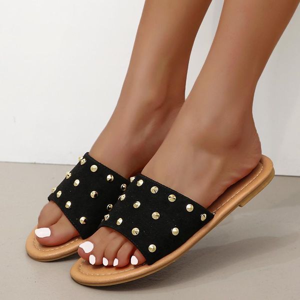 slippers summer metal studed decor women flat flock non slip rubber sole peep toe outdoor beach slides cool woman shoes female, Black
slippers summer metal studed decor women flat flock non slip rubber sole peep toe outdoor beach slides cool woman shoes female, Black