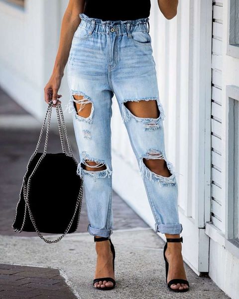 autumn leisure washed hole light denim pants women, Blue 
autumn leisure washed hole light denim pants women, Blue
