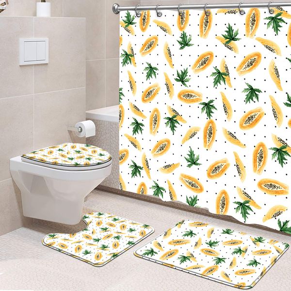 4 pcs papaya shower curtain set cute shower curtain fabric yellow shower curtain with non-slip rug, toilet lid cover, bath mat
4 pcs papaya shower curtain set cute shower curtain fabric yellow shower curtain with non-slip rug, toilet lid cover, bath mat