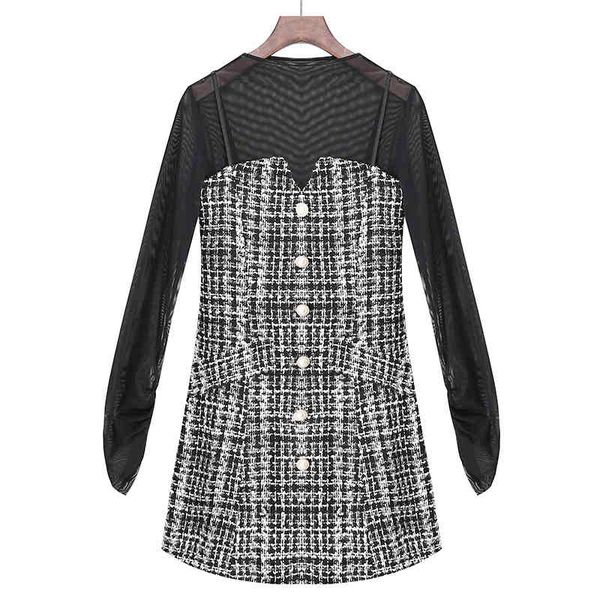 women black two-piece set mesh o neck long sleeve plaid tweed button strap velvet mini dress spring t0319 210514, Black;gray
women black two-piece set mesh o neck long sleeve plaid tweed button strap velvet mini dress spring t0319 210514, Black;gray